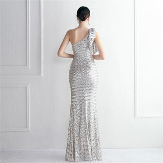 Sexy One-Shoulder Silver Sequin Evening Dress with Ruffles - Celebrity Maxi Party Dress with Slit for Women