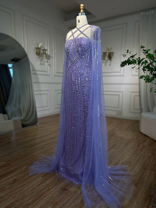 Arabic Luxury Dubai Mermaid Blue Evening Gown with Cape Sleeves and Beading for Women's Party 2024