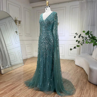 Ships in 1 to 3 Days - Arabic Silver Mermaid Cape Sleeves Beaded Evening Dress Luxury Gown 2024 for Women Wedding Party