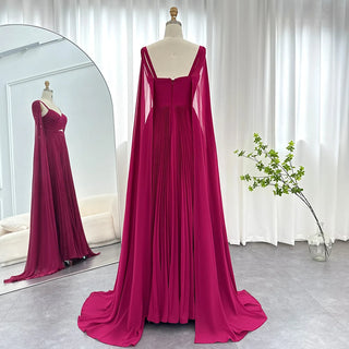 Chic Arabic Elegance: Fuchsia Chiffon Dubai Evening Dresses with Cape Sleeves for Women's Yellow Wedding Parties and Formal Gowns (2024)