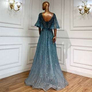 Turquoise A-Line Luxury Beaded Long Flare Sleeves Evening Dresses Gowns 2024 - For Women's Wedding Party