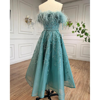 Ships in 1 to 3 Days - Arabic Lilac Dreams: 2024 A-Line Ankle-Length Evening Gown - Luxury Beaded Feather Dress for Women's Wedding Party