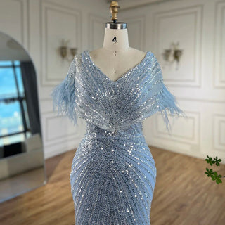 2024 Arabic Elegant Gray Mermaid Luxury Dubai Evening Gown with Feathers Beaded Dress for Women's Party