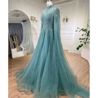 Arabic Turquoise A-Line Evening Dress 2024 with Beaded Detailing and Cape Sleeves - Ideal for Women's Wedding Party