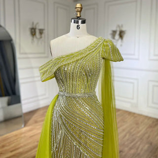 Arabic Blue One-Shoulder Yellow High-Split Mermaid Beaded Evening Gown for Women Wedding Party 2024