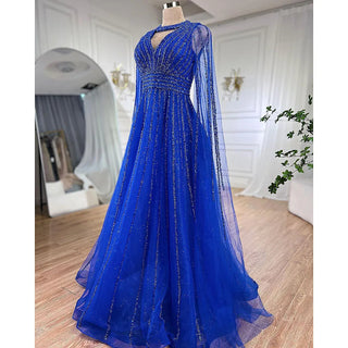 Ships in 1 to 3 Days - Arabic Blue A-Line Elegant Evening Dress: Luxurious Cape Sleeves with Beaded Embellishments for Women's Wedding Party 2024