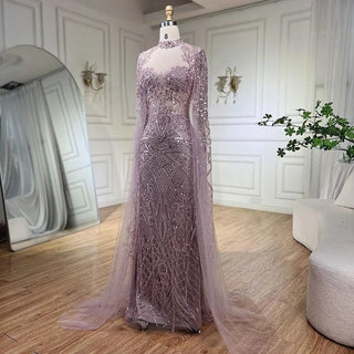 Nude Mermaid Elegant High Collar Cape Sleeves Luxury Beaded Evening Dress Gown for Women's Party 2024