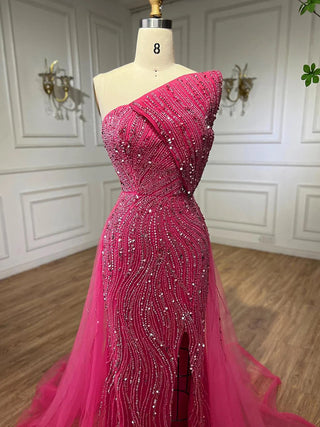 Ships in 1 to 3 Days - Fuchsia Radiance: 2024 Luxury Strapless Evening Dress with High Split, Beaded Elegance, and Dubai Glamour