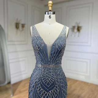 2024 Blue Mermaid Elegant Spaghetti Straps Beaded Luxury Evening Dress - Gown for Women's Wedding Party