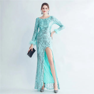 Stretch Feather Sequin Full Sleeve Evening Maxi Dress