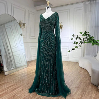 Arabic Mermaid Blue Beaded Elegant Cape Sleeves Luxury Evening Dress Gown for Women Wedding Party 2024