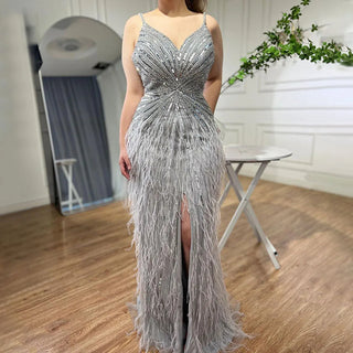 Luxury Beaded Mermaid Feathers Prom Dresses: Sexy Spaghetti Straps Backless Rose Pink Evening Dress