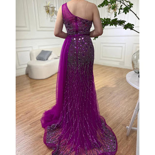 Arabic Purple Mermaid One Shoulder Evening Dress 2024 - High Split, Beaded Luxury Gown for Women's Party