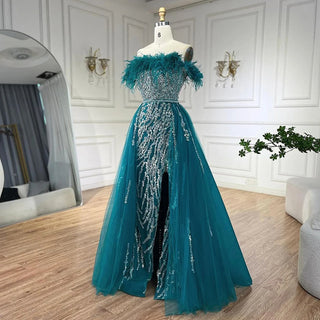 Blue Diamond Feather Mermaid Evening Dress with Overskirt - Wedding Party Gown for Women 2024