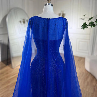 Arabic Blue Mermaid Elegant Evening Gown 2024: Cape Sleeves, Beaded, for Women's Wedding Party