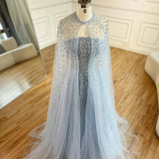 Ships in 1 to 3 Days - 2024 Arabic Blue Luxury Dubai Evening Gown | A-Line Elegant Cape Sleeves Beaded Dress for Women's Party