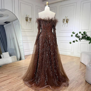 Ships in 1 to 3 Days - 2024 Brown Feathers Beaded Evening Dress with Cape Sleeves - A-Line Gown for Women's Wedding Party