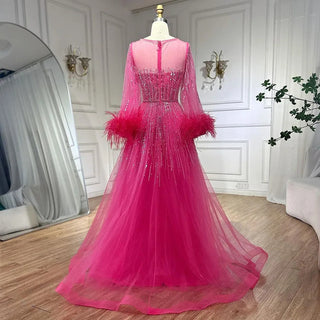 Modest Fuchsia A-Line Luxury Evening Dress with Feather Beading - Women's Wedding Party Gown 2024