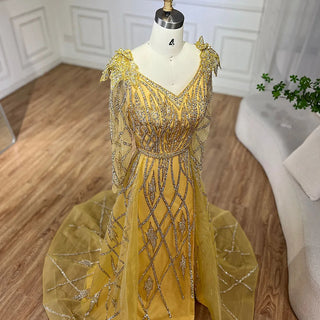 Ships in 1 to 3 Days - 2024 Muslim Gold Mermaid Evening Gown - Luxury Beaded Dress with Overskirt for Dubai Parties