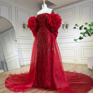 Ships in 1 to 3 Days - Red Long Cape Mermaid Evening Dress with Puff Sleeves, Beaded Overskirt, and Elegant Design for Women's Party