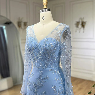 Blue Mermaid Elegant Evening Dress with Train - Beaded Luxury Arabic Gown for Women's Wedding Party 2024