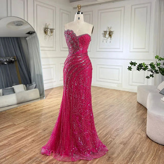 Ships in 1 to 3 Days - Arabic Blue Strapless Yellow High-Split Mermaid Beaded Luxury Evening Gown for Women Wedding Party 2024