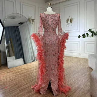 Ships in 1 to 3 Days - 2024 Luxury Peach Mermaid Evening Dress - Flared Sleeves Beaded Feather Gown for Women’s Parties