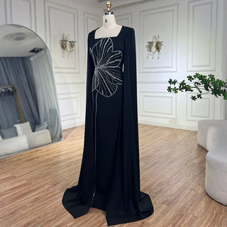 Ships in 1 to 3 Days - Arabic Black Mermaid Elegant Cape Sleeves Beaded Satin Luxury Dubai Evening Dresses Gowns For Women Party