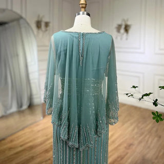 Ships in 1 to 3 Days - Turquoise Mermaid Elegant Evening Gown 2024: Long Cape, Beaded Luxury Dubai for Women's Wedding Party