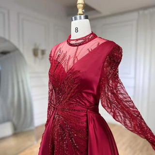 Wine Red Mermaid Luxury Lace Beaded Satin Evening Dresses: Dubai Formal Gowns 2024 for Women's Wedding Party