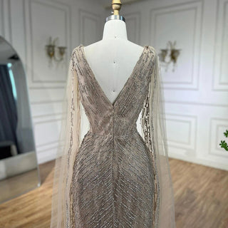 Customized Arabic Nude Luxury A-Line Beaded Evening Dress with Cape Sleeves for Women’s Wedding Party