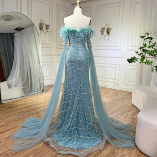 Elegant Cape Sleeves Mermaid Evening Dresses Gowns Luxury Feathers Beaded 2024 For Women Wedding Party