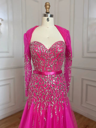 Arabic Sweetheart Fuchsia A-Line Long Sleeves Luxury Beaded Evening Gown - Perfect for Women's Party 2024