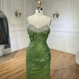 Luxury Sage Green One-Shoulder Beaded Crystal Mermaid Evening Gown - Dubai Style for Women Party 2024