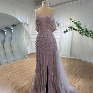 Ships in 1 to 3 Days - Arabic Caramel Mermaid High Split Elegant Beaded Luxury Evening Dress Gown for Women Party 2024