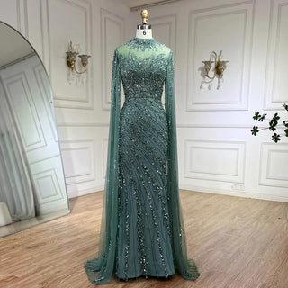 2024 Nude Cape Sleeves Mermaid Lace Beaded Luxury Dubai Long Evening Dress - Perfect for Women's Wedding Parties