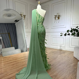 2025 Arabic Green One Shoulder Beaded Feathers Luxury Evening Gown with Side Cape Shawl for Women's Party