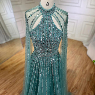 2024 Arabic Turquoise A-Line Cap Sleeve Beaded Luxury Dubai Evening Dress: Gowns for Women's Wedding Party