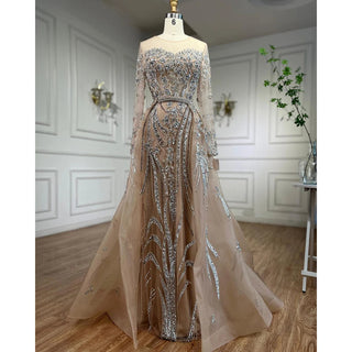 Ships in 1 to 3 Days – Muslim Mermaid Nude With Overskirt Beaded Luxury Dubai Evening Dress Gown for Women Wedding Party 2024