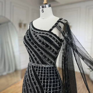 Ships in 1 to 3 Days - Arabic Dubai Black Long Cloak Mermaid Beaded Luxury Evening Dress - Gown for Women's Wedding Party 2024