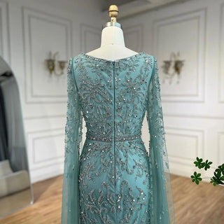 Ships in 1 to 3 Days - Turquoise Beaded Cape Sleeves Mermaid Long Evening Dress: Gowns for Women's Wedding Party