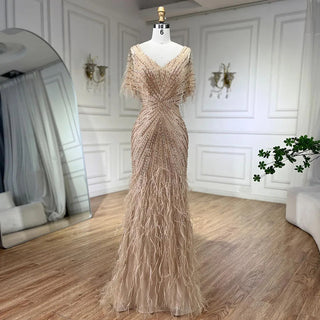 Brown Mermaid Luxury Evening Dresses Gowns 2024 Beaded Feather Elegant for Women's Party