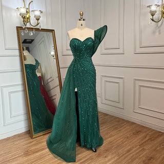 Green Mermaid High Split Elegant One Shoulder Beaded Evening Dress Gown for Women Wedding Party 2024