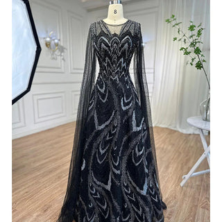 Luxury Crystal Arabic Black Evening Dress with Cape Sleeves: Elegant Wedding Guest Party Gowns for Plus Size Women in Pink