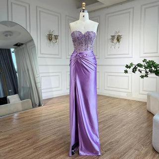 Ships in 1 to 3 Days - Luxurious Dubai Lilac Strapless Mermaid Evening Gown with Beaded Detailing and Split