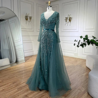 Ships in 1 to 3 Days - 2024 Dubai Gray Long Sleeves Mermaid Beaded Arabic Luxury Evening Dress: Gowns for Women's Wedding Party