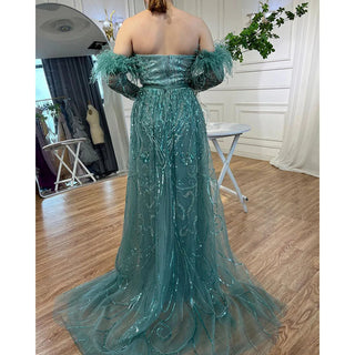 Chic Arabic Luxury Nude Mermaid Evening Dress with High Split, Beaded Feathers - Long 2024 Gown for Women's Wedding Party