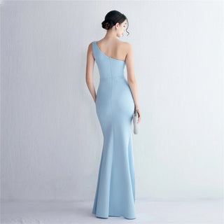 Sexy One-Shoulder Soft Satin Pleated Dress with Beading - Long Evening Party Maxi Dress with Slit for Women