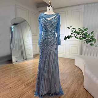 Ships in 1 to 3 Days - Silver Nude Mermaid Elegant High Split Evening Dresses Gowns Luxury Beaded 2024 For Women Party