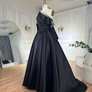 2025 Black One-Shoulder Satin A-Line Beaded Evening Gown with Sleevelets for Women’s Party - Saudi Dress